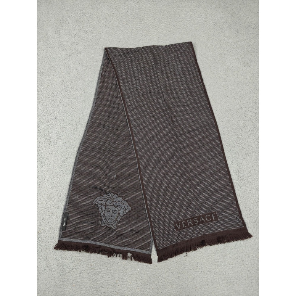 Versace Scarf Womens One Size Brown Check Medusa‎ Logo Fringe Winter Fall Warm